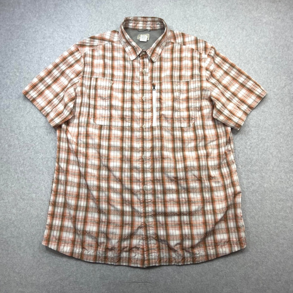 LL Bean Shirt Mens XL Tall Brown Plaid Short Sleeve Fishing Vented Zip Pocket